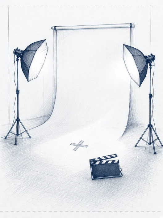 Drawing of an empty studio set seen from the camera position: a paper backdrop, two softbox lights switched on, one tape cross in the centre of the floor and a slate on the floor beside it, storyboard, to shoot
