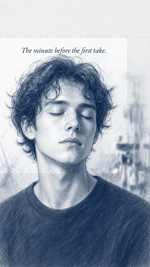 Drawing of a young performer’s face close up, eyes closed, with the line “The minute before the first take.” at the top, storyboard, to shoot