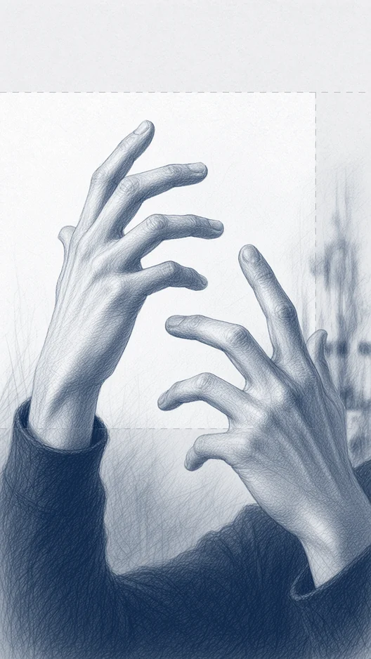 Drawing of two hands raised, fingers flexing open, storyboard, to shoot