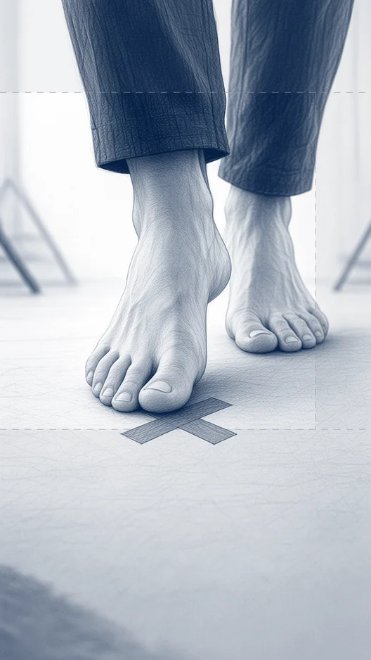 Drawing of bare feet stepping onto a tape cross on the studio floor, storyboard, to shoot