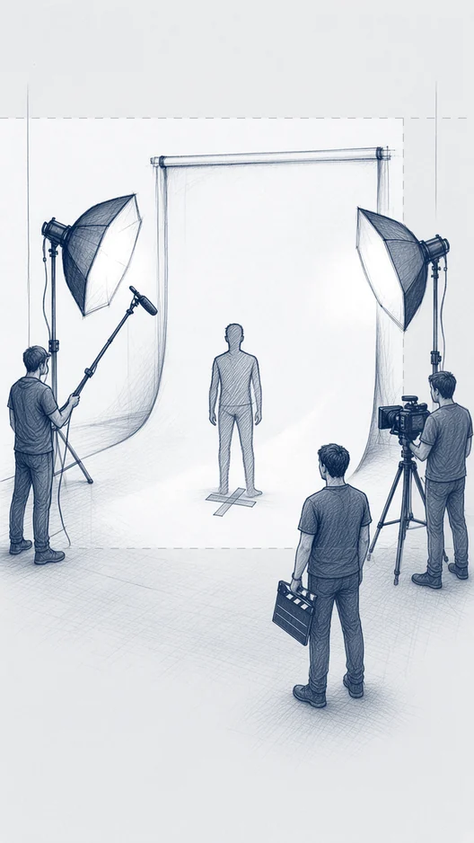 Wide drawing of the set: the performer still on the tape mark while three crew hold a boom, a camera and a clapperboard, all quiet, storyboard, to shoot
