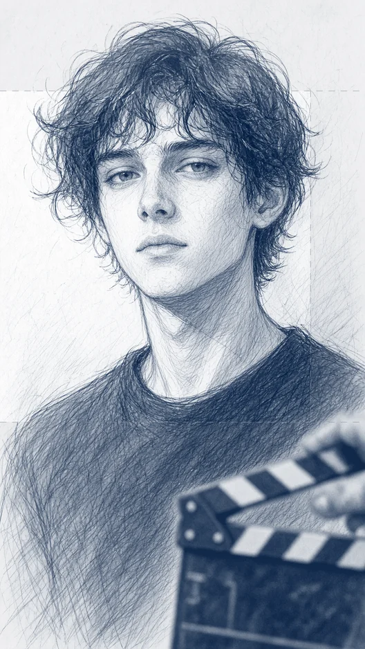Drawing of the performer’s face as the eyes open, a clapperboard closing at the edge of the frame, storyboard, to shoot