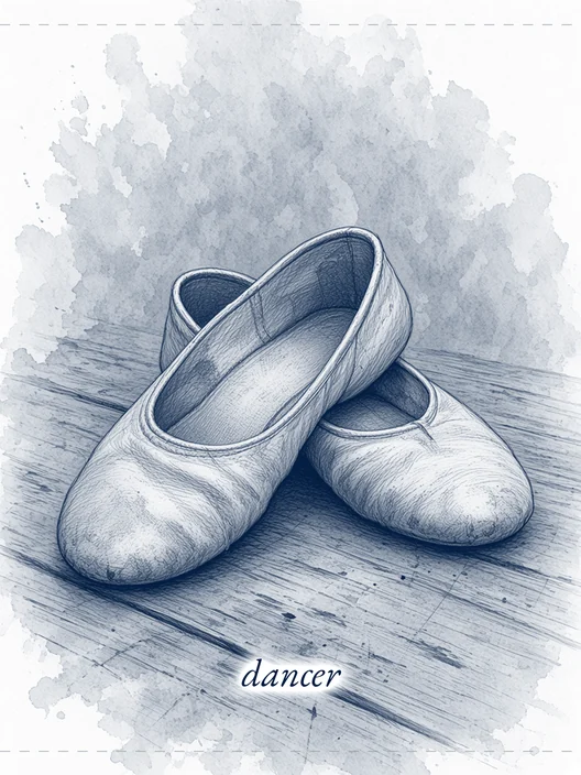 Drawing of a pair of worn dance shoes on a scuffed wooden floor, with the word dancer, storyboard, to shoot