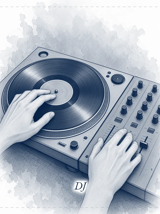 Drawing of two hands on DJ decks, one on a record and one on a fader, with the word DJ, storyboard, to shoot