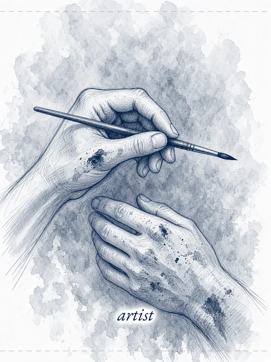 Drawing of an artist’s hands with paint on them, one holding a brush, with the word artist, storyboard, to shoot