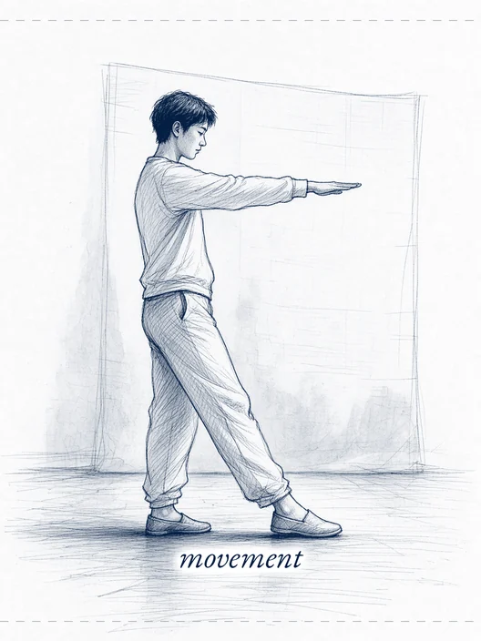 Side view drawing of a movement coach mid-demonstration with one arm extended, with the word movement, storyboard, to shoot