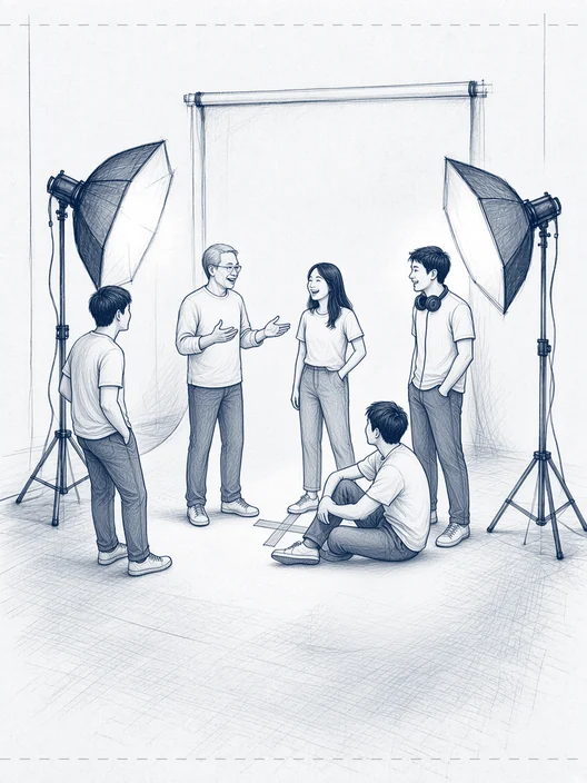 Wide drawing of five people together on the lit set, mid-conversation, one sitting on the floor, storyboard, to shoot