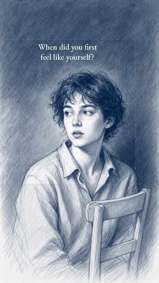 Drawing of a person seated on a wooden chair, chest up, about to speak, with the question “When did you first feel like yourself?” at the top, storyboard, to shoot