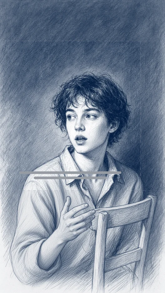 Drawing of the same person on the same chair, now answering, with two grey subtitle lines, storyboard, to shoot