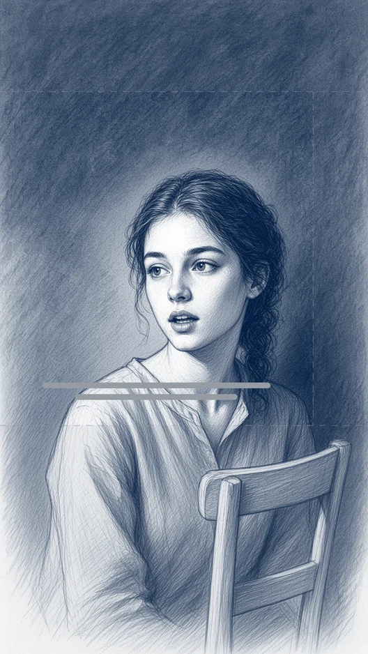 Drawing of a young woman with a plait on the same chair, answering, with two grey subtitle lines, storyboard, to shoot