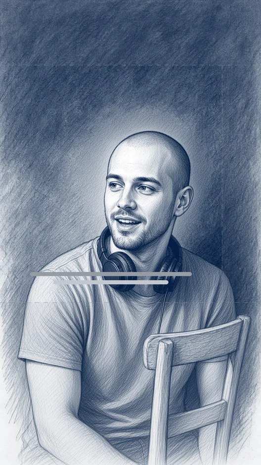 Drawing of a man with headphones round his neck on the same chair, laughing as he answers, with two grey subtitle lines, storyboard, to shoot