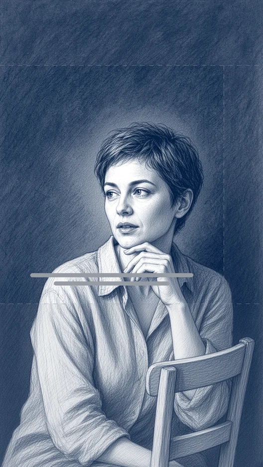 Drawing of a woman with short hair on the same chair, hand near her chin, answering, with two grey subtitle lines, storyboard, to shoot