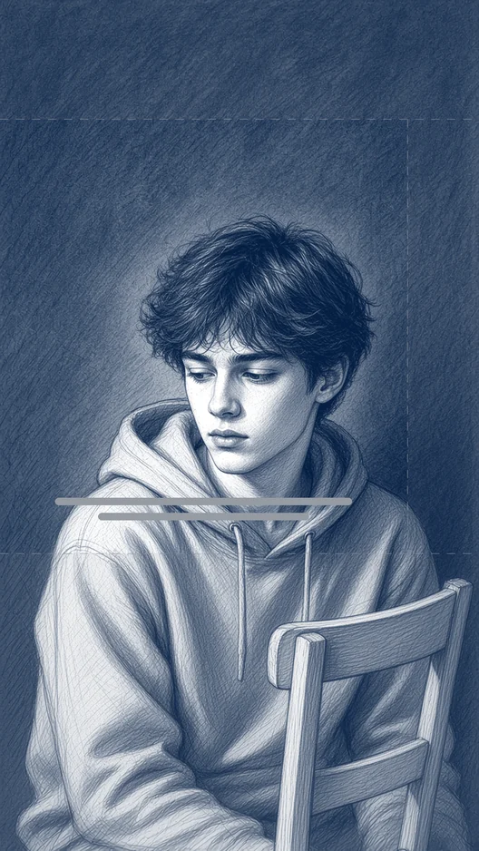Drawing of a young man in a hoodie on the same chair, eyes down, holding a long answer, with two grey subtitle lines, storyboard, to shoot