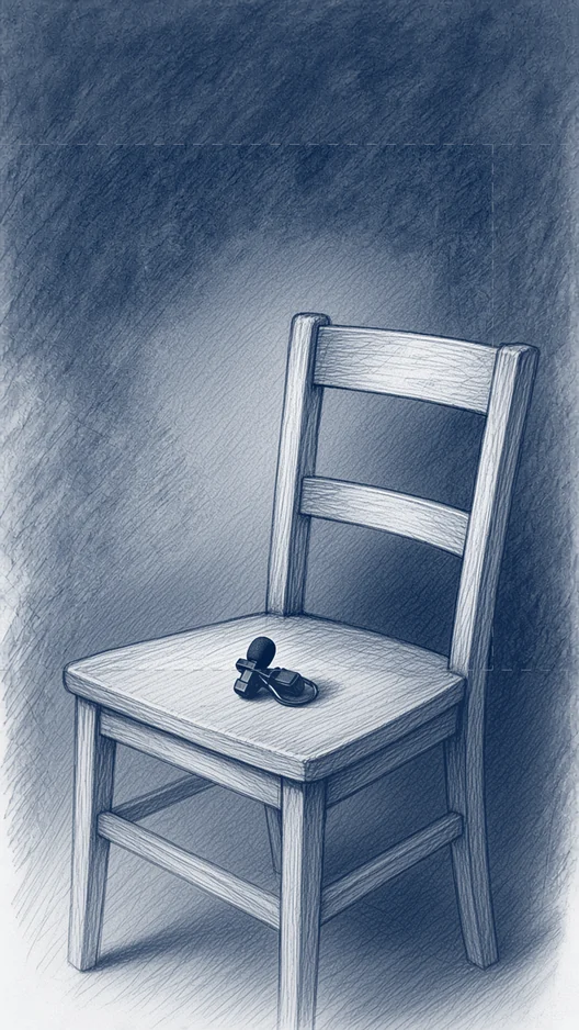 Drawing of the same wooden chair, now empty, a clip microphone left on the seat, storyboard, to shoot