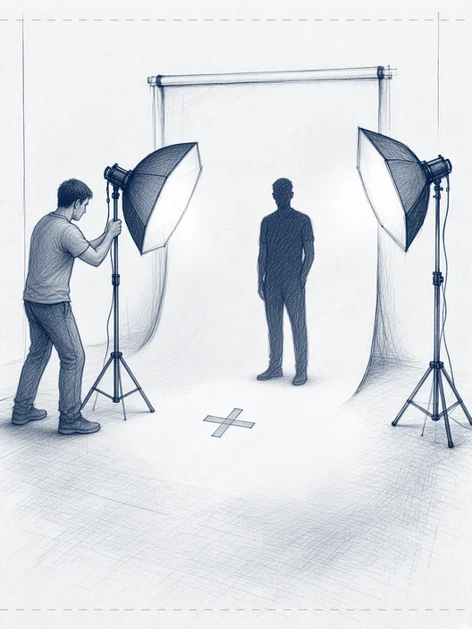 Drawing of a crew member wheeling a softbox light into place while a figure waits in shadow on the set behind, storyboard, to shoot