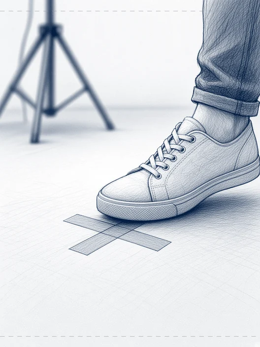Drawing of a foot in a plain trainer stepping onto a tape cross, a light stand soft behind, storyboard, to shoot