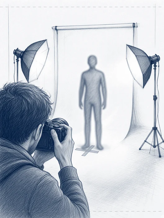 Drawing over a photographer’s shoulder, camera raised, the figure on the tape mark soft and out of focus in the light, storyboard, to shoot