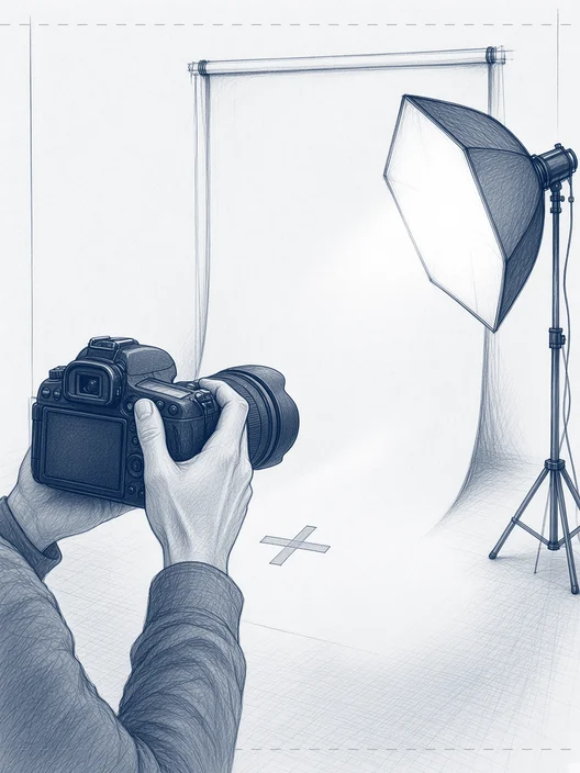 Drawing of a photographer’s hands lowering the camera, a softbox light still on beyond, storyboard, to shoot