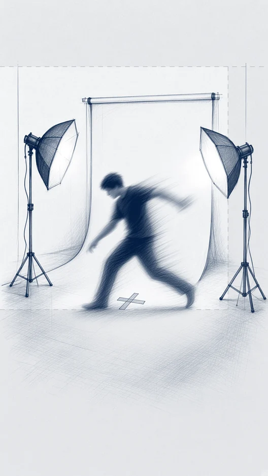 Wide locked-off drawing of the set, a dancer already moving across it, blurred, storyboard, to shoot