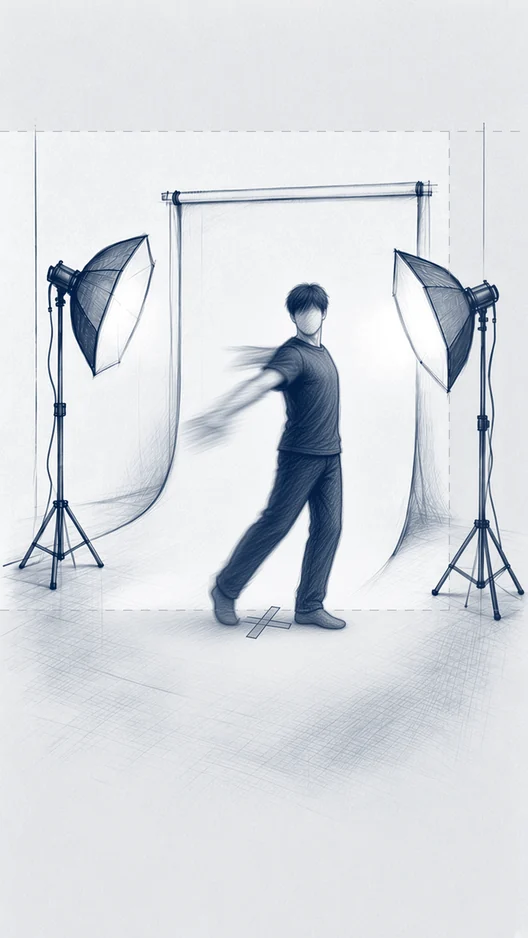 The same locked-off frame, the dancer turning towards the camera, storyboard, to shoot