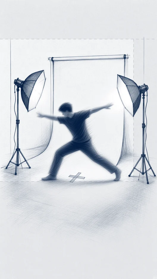 The same locked-off frame, the dancer at the widest point, arms flung wide and one leg out, storyboard, to shoot