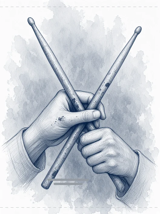 Drawing of two hands holding a pair of crossed drumsticks against a plain backdrop, with two short grey lines for the name and discipline, storyboard, to shoot