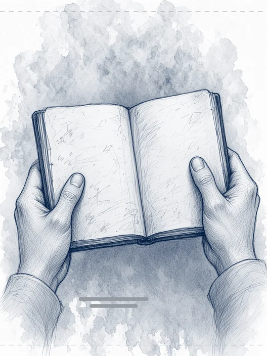 Drawing of two hands holding an old open notebook against the same backdrop, with two short grey lines for the name and discipline, storyboard, to shoot
