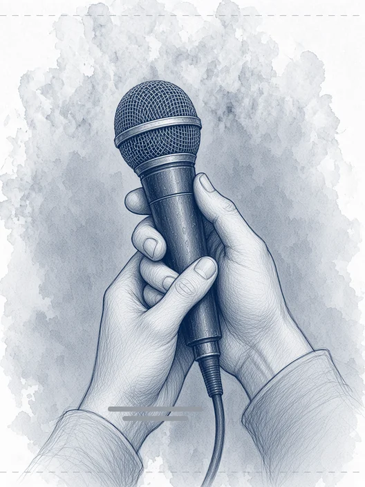 Drawing of two hands holding an old microphone with its cable, same backdrop, with two short grey lines for the name and discipline, storyboard, to shoot