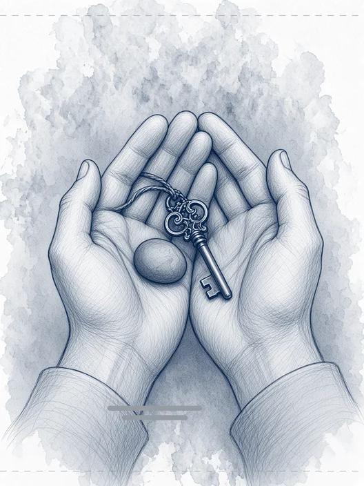 Drawing of two cupped hands holding a pebble and an old key on a string, same backdrop, with two short grey lines for the name and discipline, storyboard, to shoot