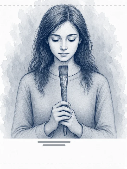 Wider drawing of a young woman holding a worn paintbrush upright to her chest, face and object together, with two short grey lines for the name and discipline, storyboard, to shoot