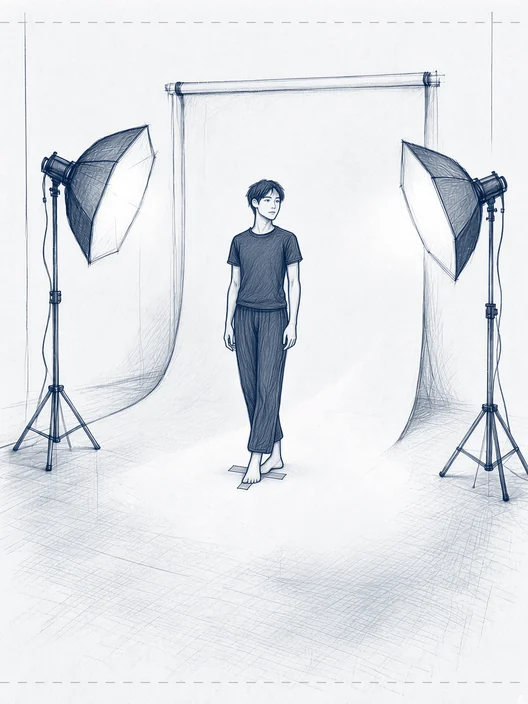 Drawing of a dancer on the tape mark in a fixed frame, standing still, weight shifting onto one foot, storyboard, to shoot