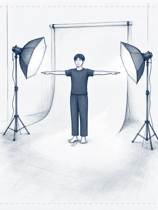 The same fixed frame, the dancer’s arms rising to shoulder height, storyboard, to shoot