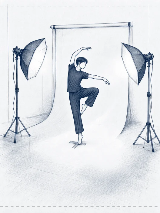 The same fixed frame, the dancer partway through a turn, one knee lifted, storyboard, to shoot