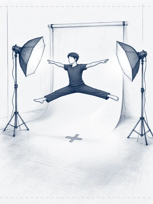 The same fixed frame, the dancer in the air at the widest point, legs and arms stretched out, storyboard, to shoot