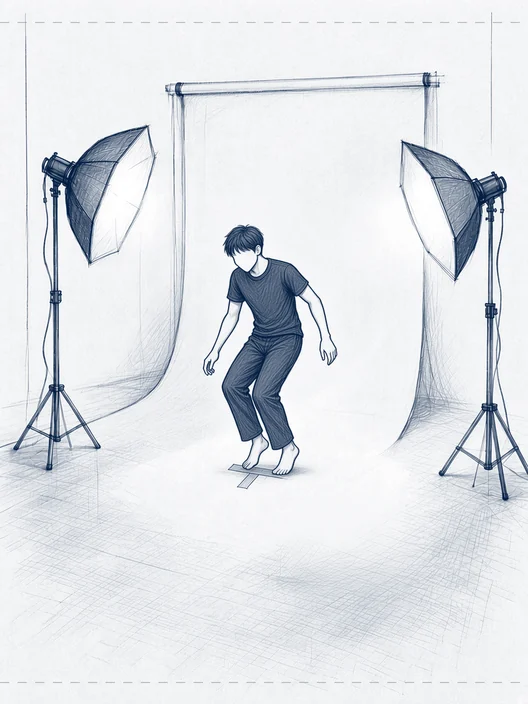 The same fixed frame, the dancer coming down, knees bending, storyboard, to shoot