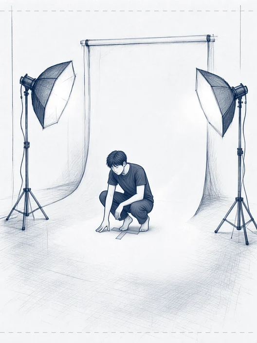 The same fixed frame, the dancer landed and still in a low crouch on the tape mark, storyboard, to shoot