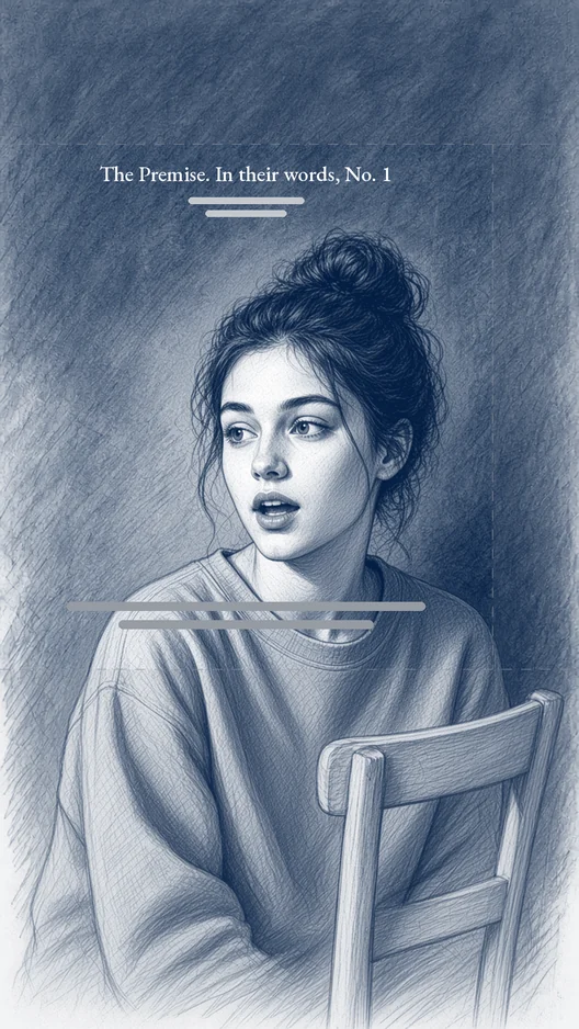 Drawing of a young woman seated mid-sentence, with the small title “The Premise. In their words, No. 1” at the top, grey lines for her name and discipline and two grey subtitle lines, storyboard, to shoot