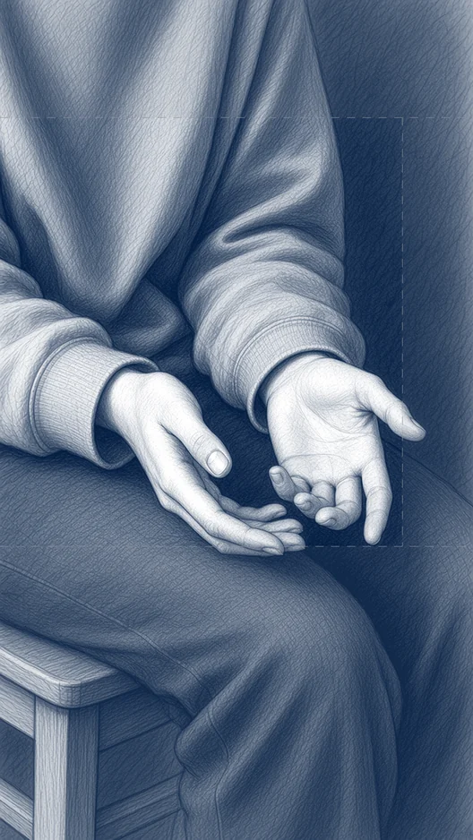 Drawing of the same woman’s hands in her lap, moving as she talks, storyboard, to shoot