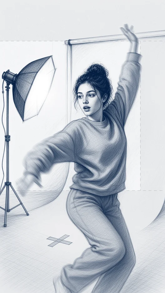 Drawing of the same woman dancing on the set, one arm reaching up, storyboard, to shoot