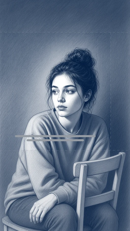 Wider drawing of the same woman leaning forward on the chair, holding a long answer, with two grey subtitle lines, storyboard, to shoot
