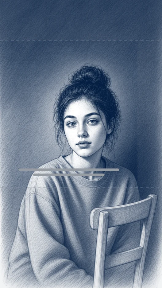 Drawing of the same woman looking straight at the camera, calm, with two grey subtitle lines, storyboard, to shoot