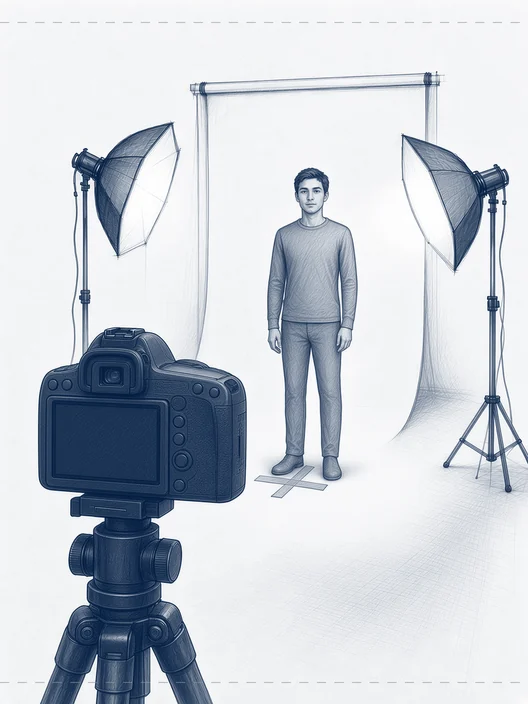 Drawing from just behind a camera on a tripod, its back large in the foreground, a figure standing calmly on the tape mark on the lit set beyond, looking just past the camera, storyboard, to shoot